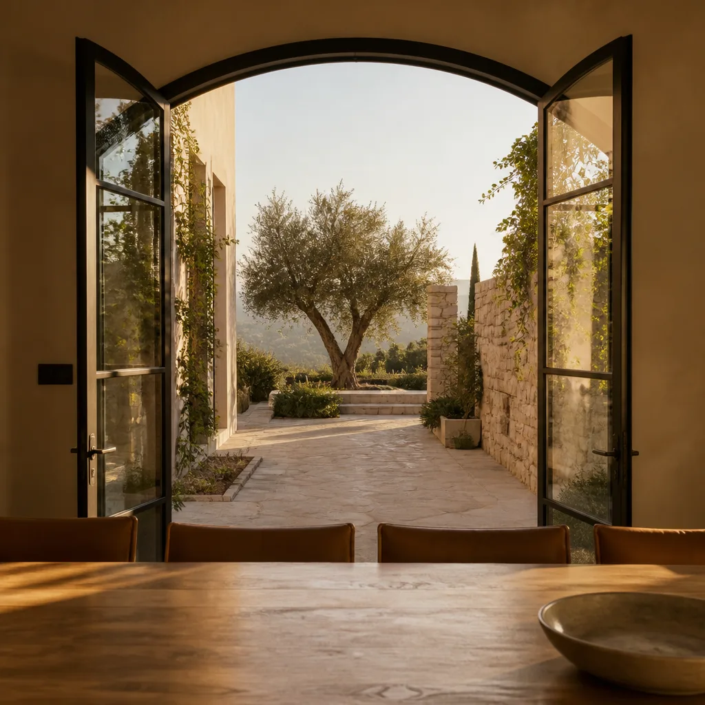 Custom arched French door installation with outdoor patio view