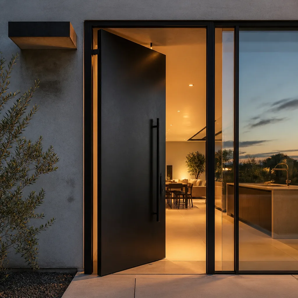 Modern oversized black pivot door installation in a contemporary home exterior