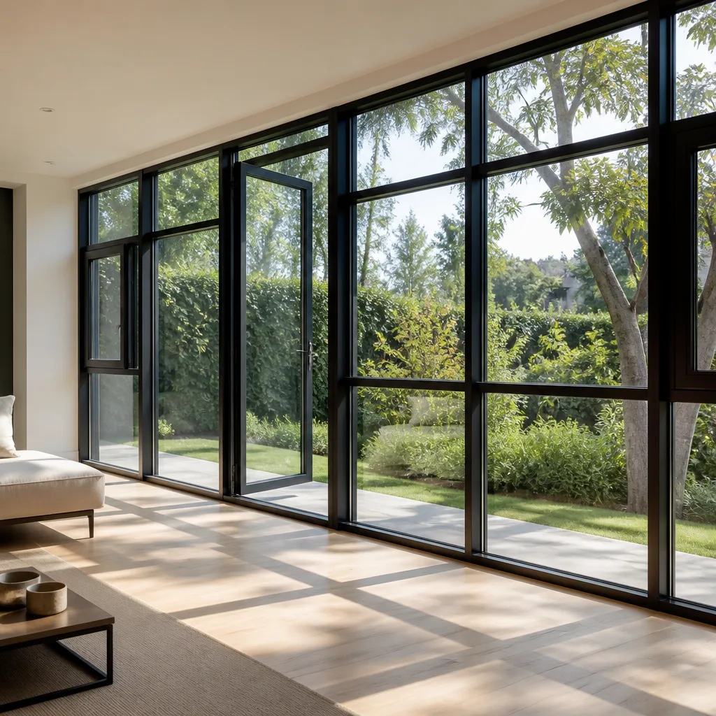 Modern black-framed windows and garden door installation in a contemporary home
