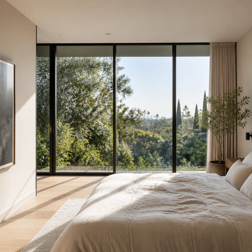 Modern floor-to-ceiling sliding glass bedroom doors with nature view
