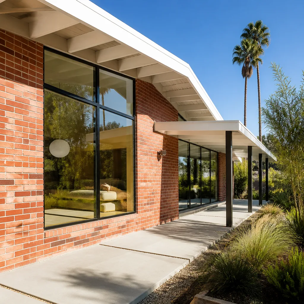 Modern brick home exterior with new floor-to-ceiling window replacement