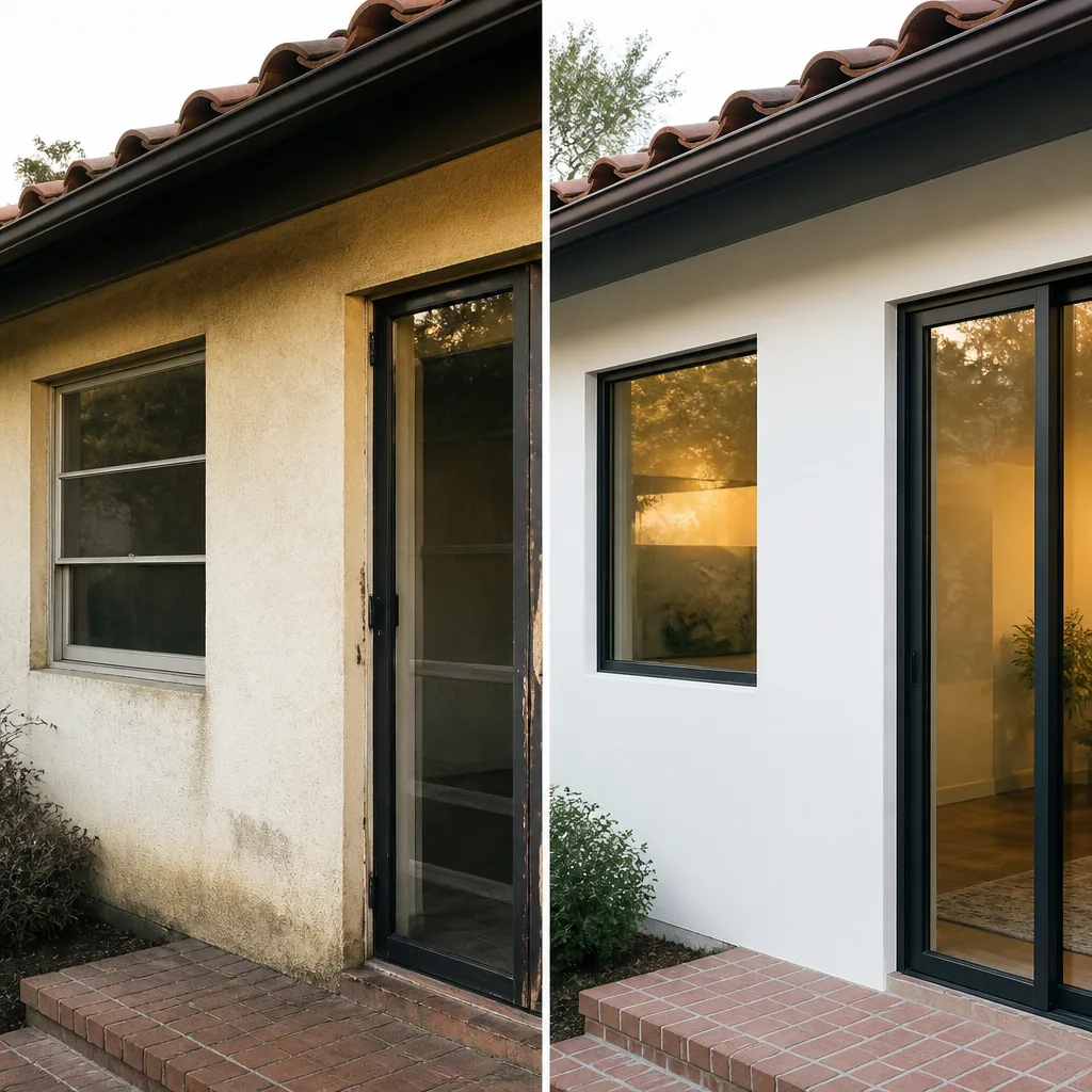 Before and after residential window and door replacement showing clean new installation